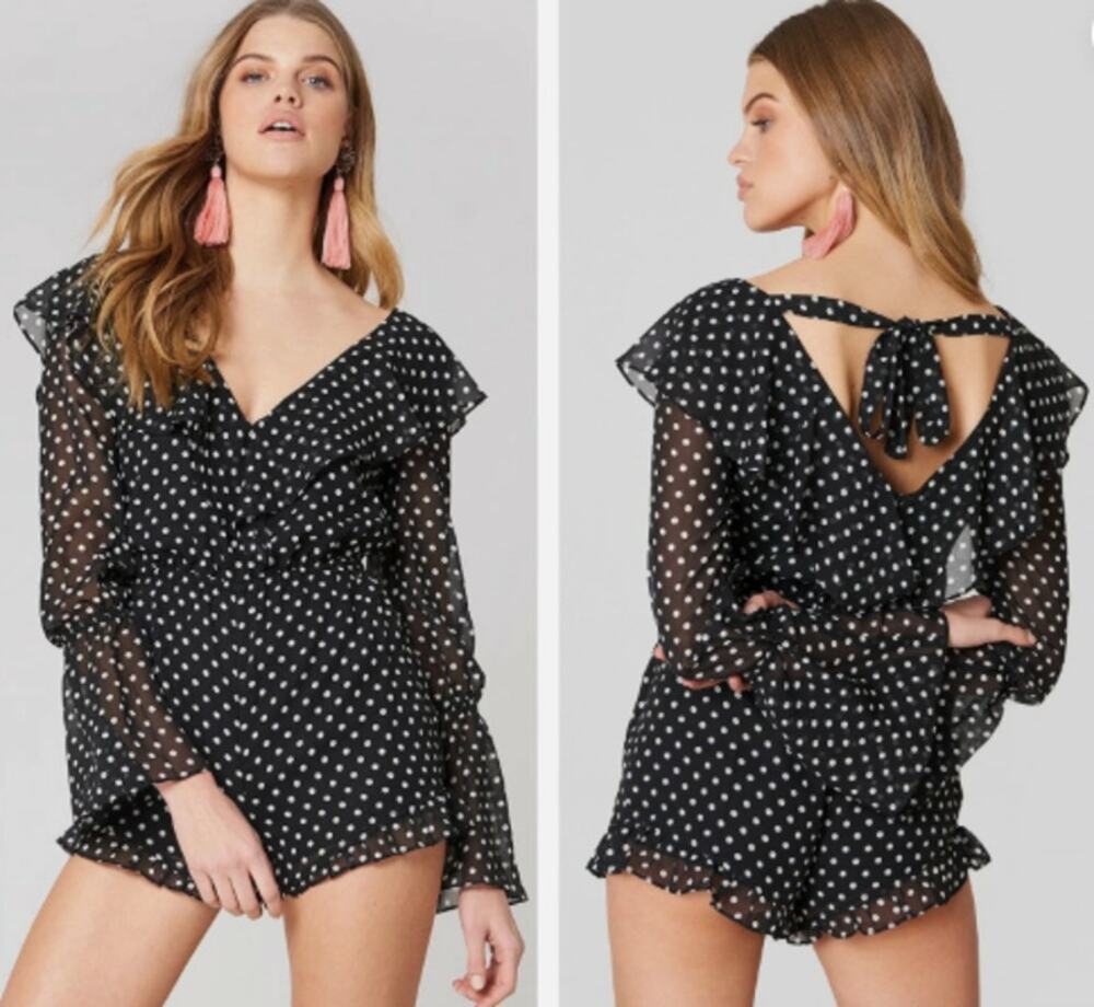 ENDLESS ROSE V-NECK POLKA DOT ROMPER RUFFLE FLOUNCE LONG SLEEVE TIE BACK S NWOT